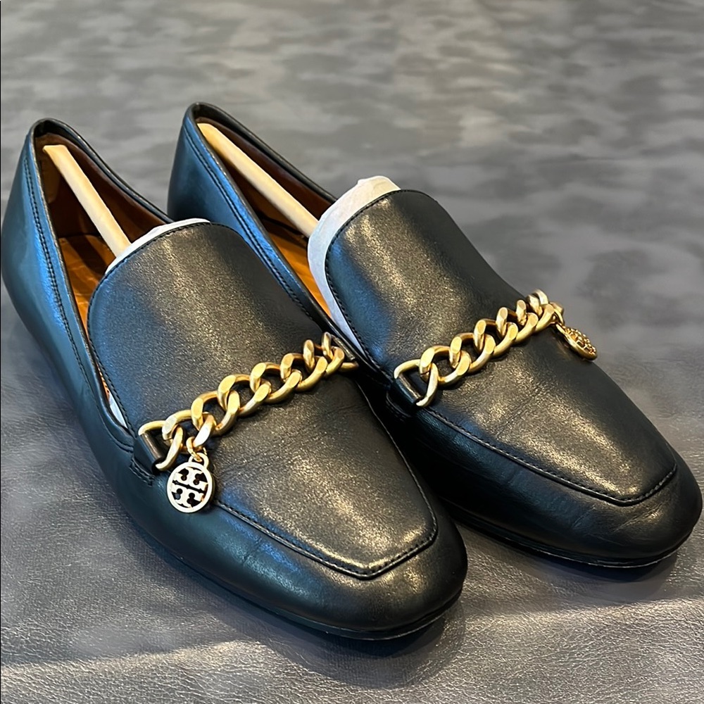 Tory Burch Black and Gold Chain Loafers